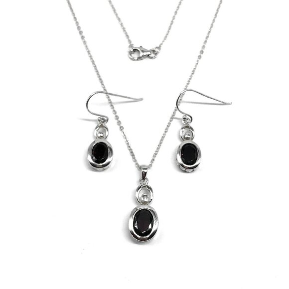 Sterling Silver Earrings + Pendant Necklace set Red Garnet Gemstone - Picture 1 of 5